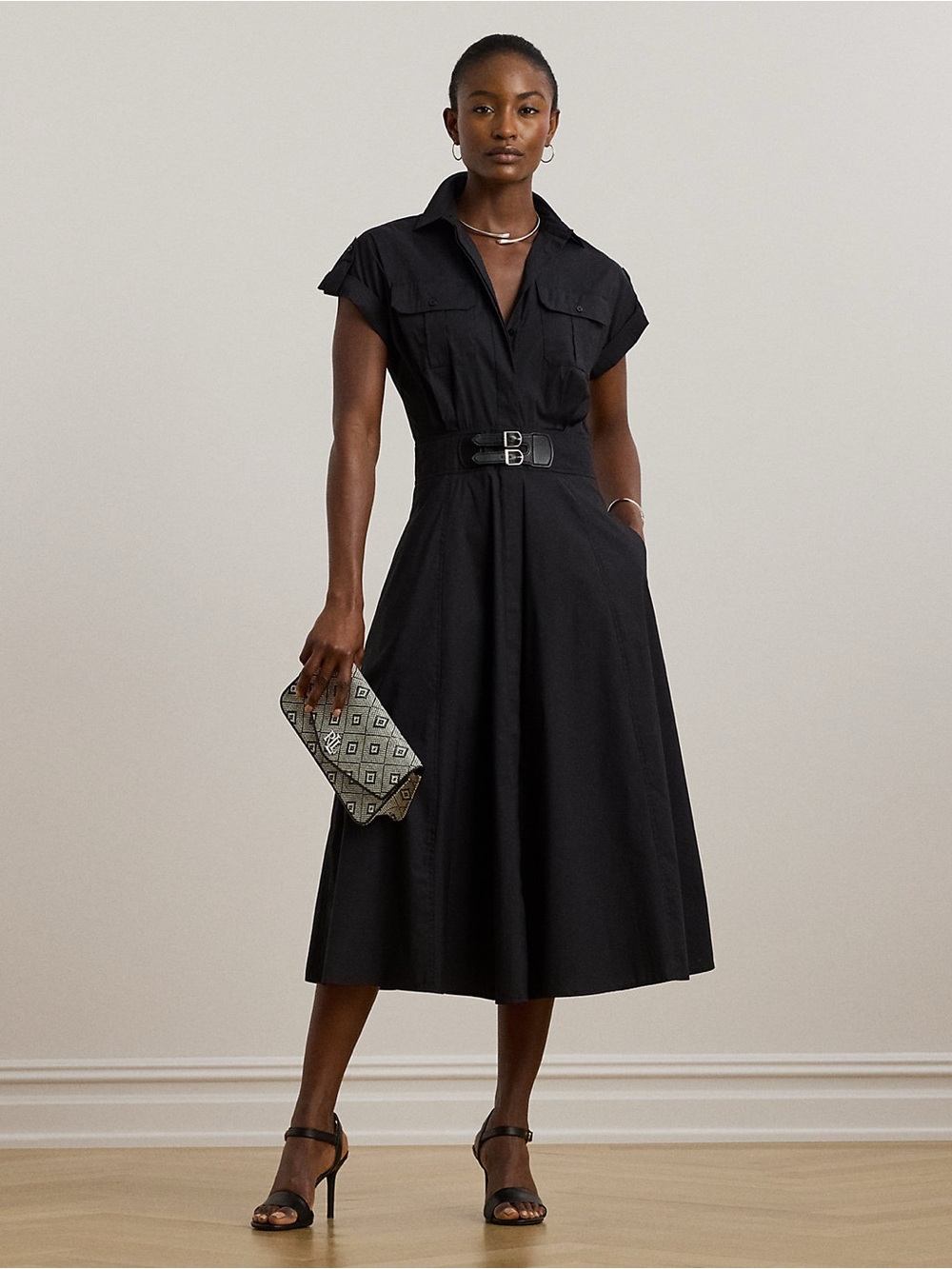 Lauren Ralph Lauren Black Belted Midi Shirt Dress